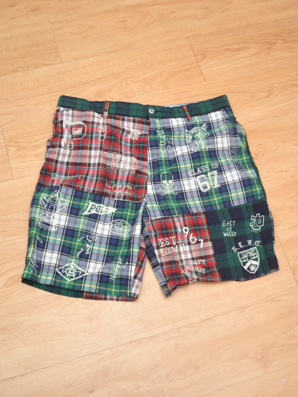 Polo Ralph Lauren Plaid Shorts Mens 36 Patchwork Madras Rugby NY State Champs
